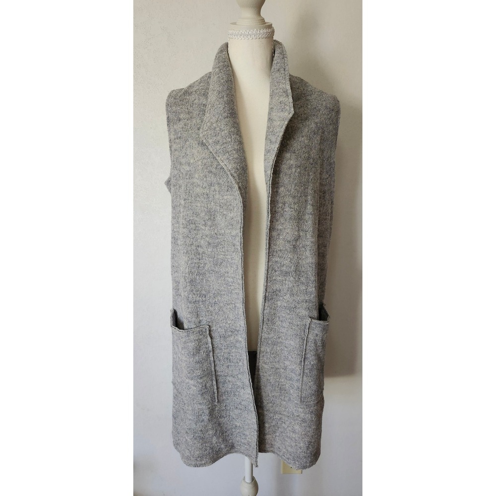 Tahari Boiled Wool Blend Longline Vest Grey Shawl Collar Open Front Small